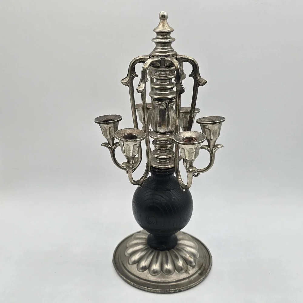 Vintage Victorian Pewter Table Piano 6 Arm Candelabra Candlestick Holder 10 1/2